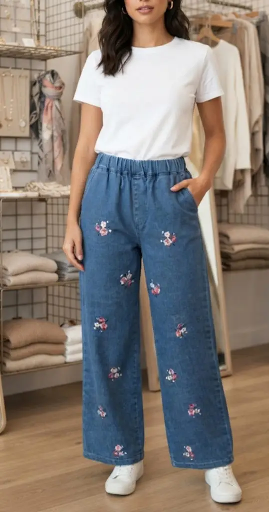 Floral Embroidered Wide-Leg Denim - View 3