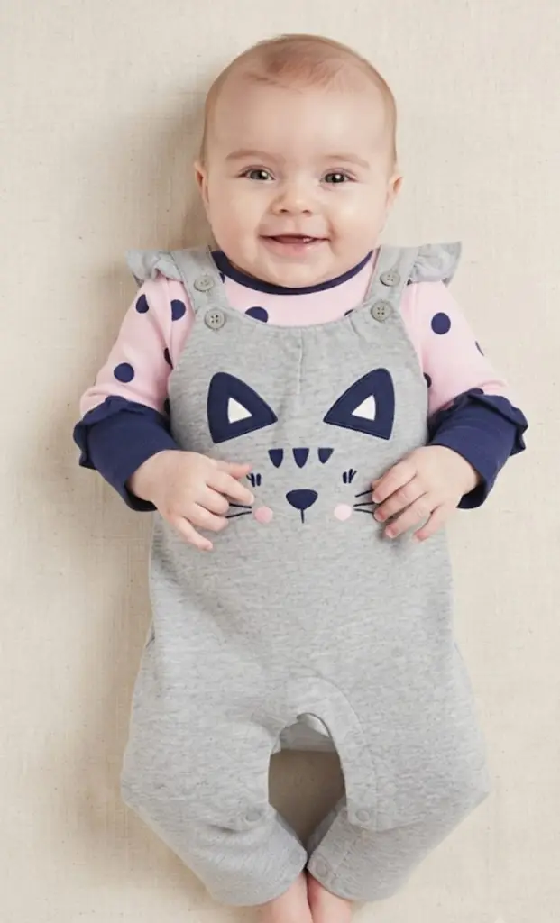 ​Cute Cat Print Overall & Polka Dot Top Set - View 2
