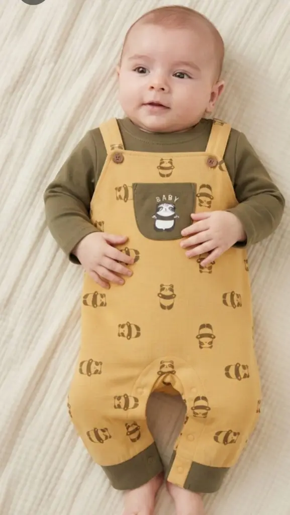 Mustard Panda Print Long-Sleeve Tee & Overalls Set - View 2