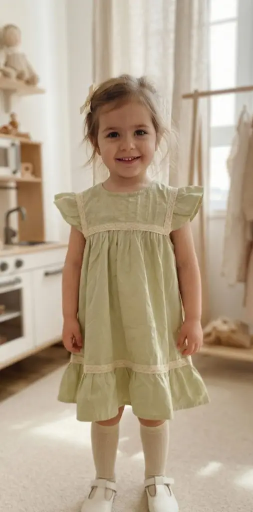 Sage Green Ruffle-Sleeve Dress with Delicate Lace Trim - View 2
