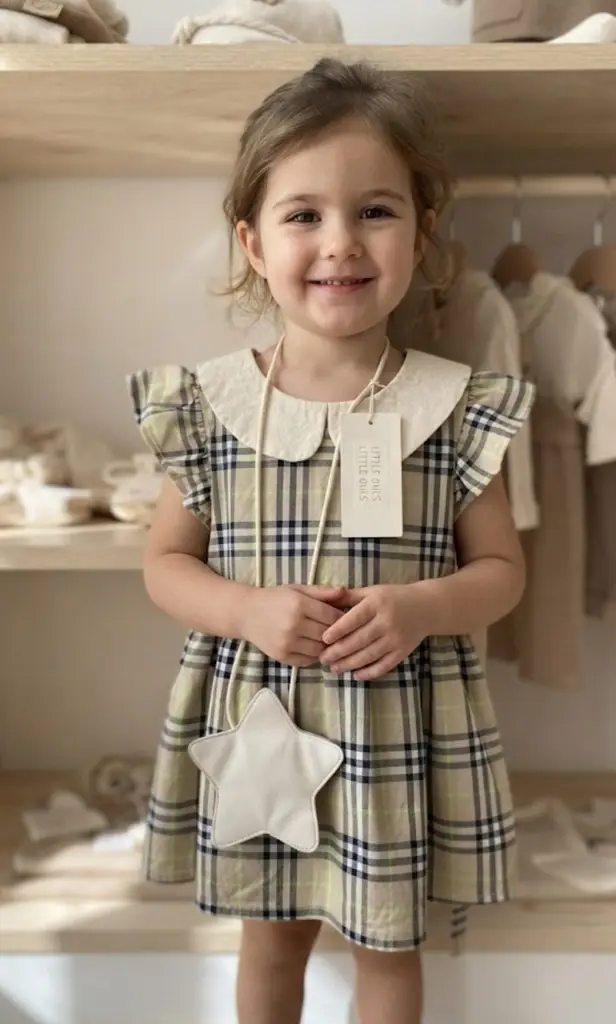 beige plaid cotton frock - View 2