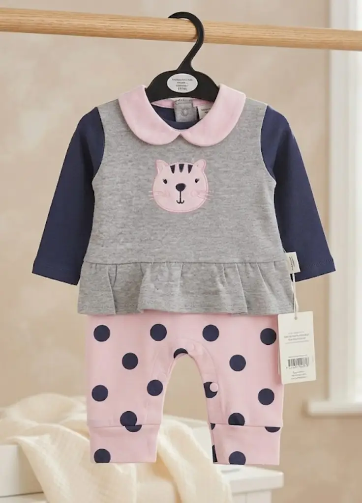 Cute Cat Applique & Polka Dot Romper Set - View 2