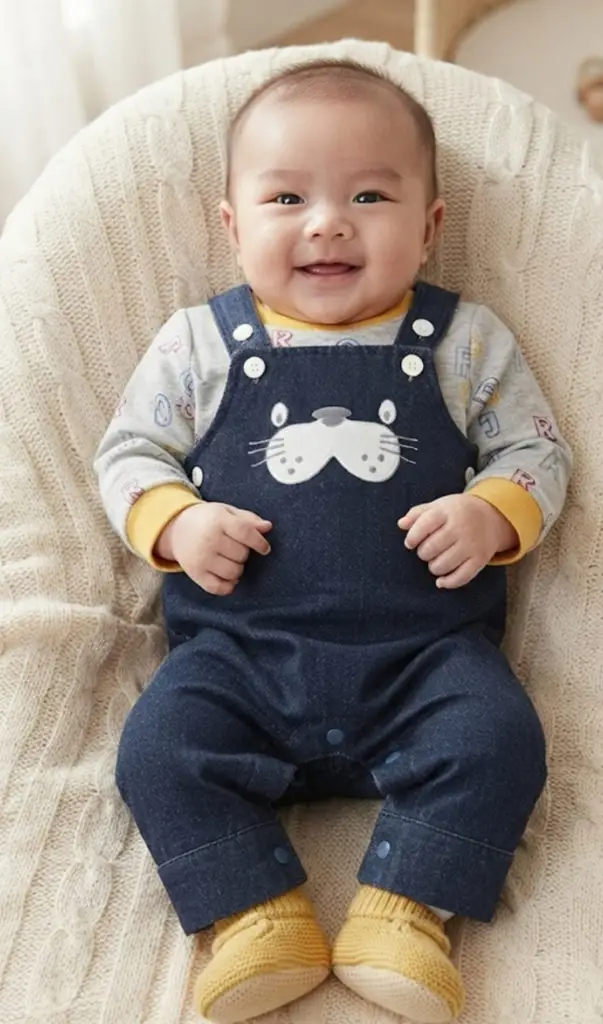 lion Face Denim Dungaree & Alphabet Print Top Set - View 2