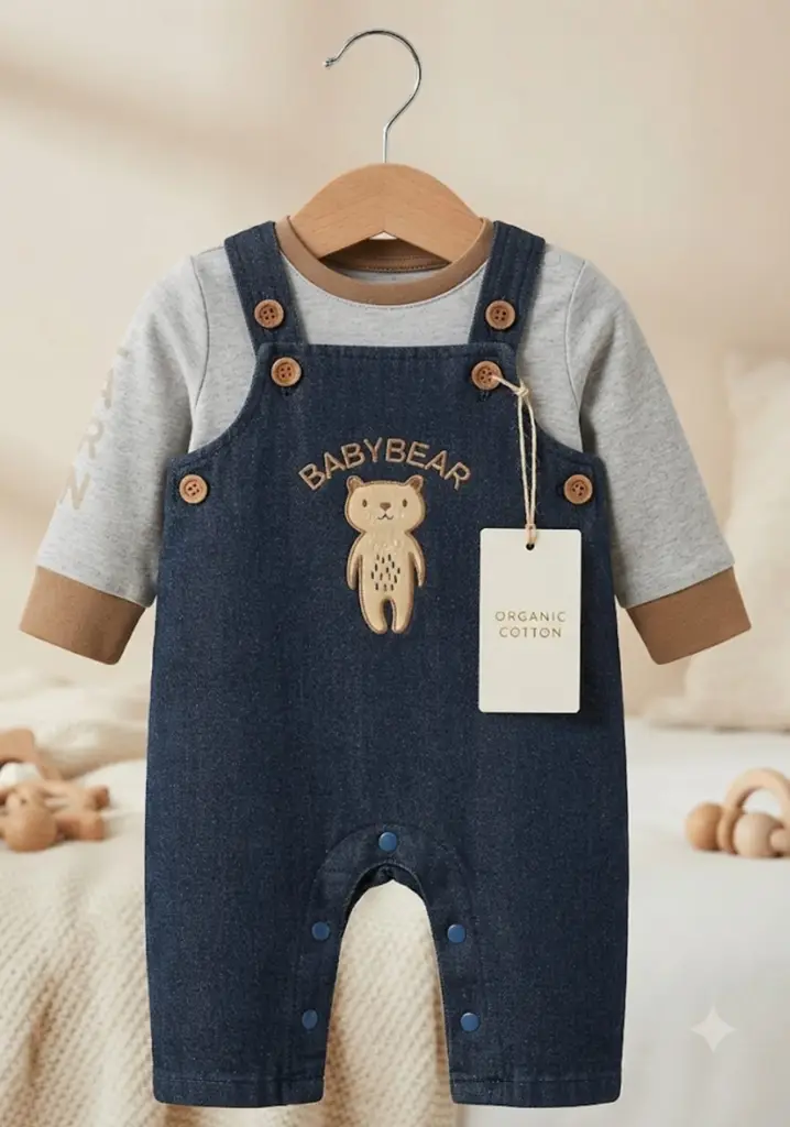 Bear" Denim Dungaree & Long-Sleeve Set