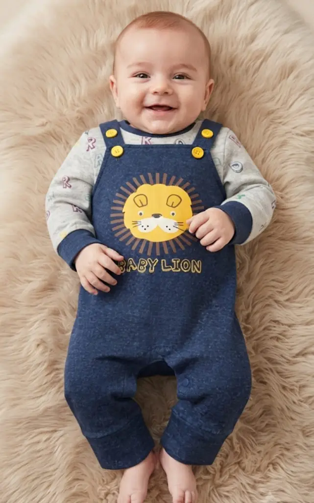 "Baby Lion"  Top & Denim-Style Overalls Set - View 2