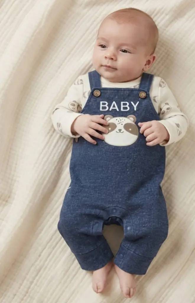 Panda Print Long-Sleeve Tee & Denim-Style Overalls Set - View 2