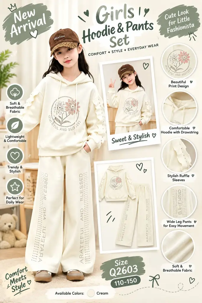 Girls Hoodie & Wide-Leg Pants Set - View 3