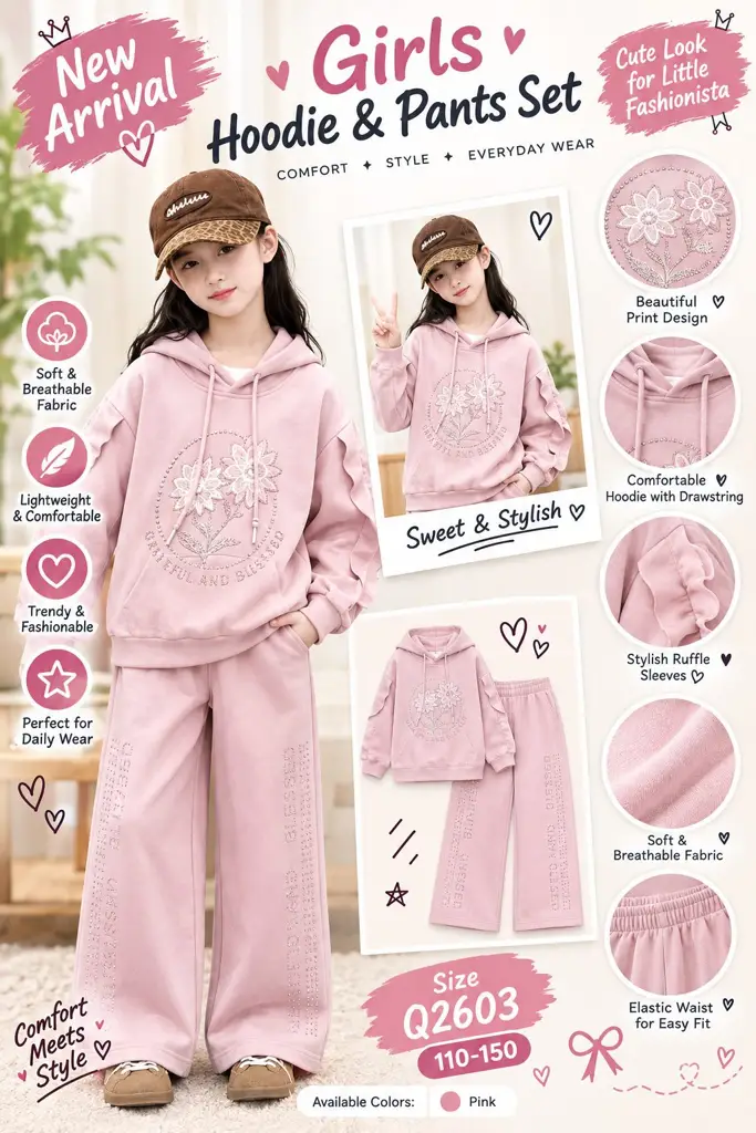Girls Hoodie & Wide-Leg Pants Set - View 5